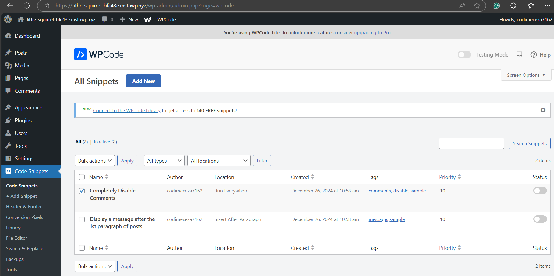 Once the option is selected, click on Apply to save the change and disable WordPress comments completely.