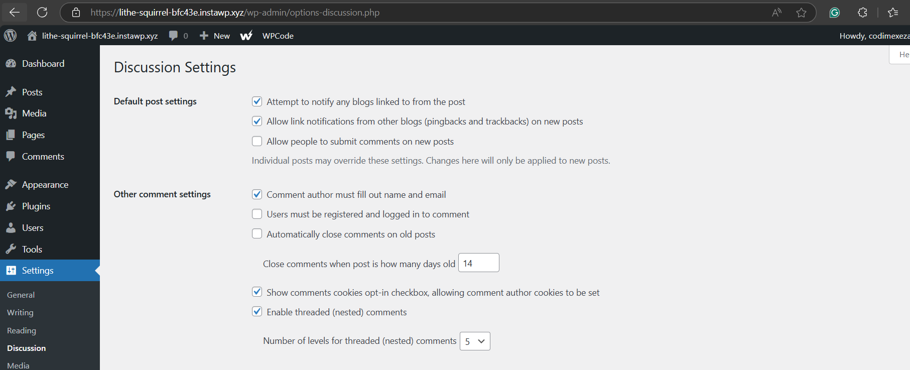 Go to Allow people to submit comments on new posts section and uncheck the box to disable comments on future posts.