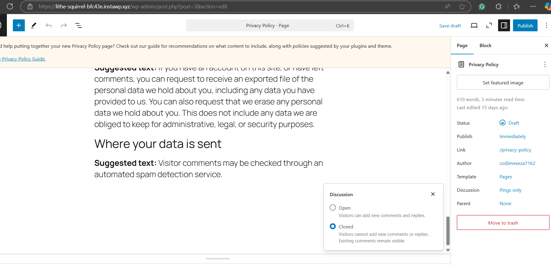 Click on Discussion>Closed to disable WordPress comments.