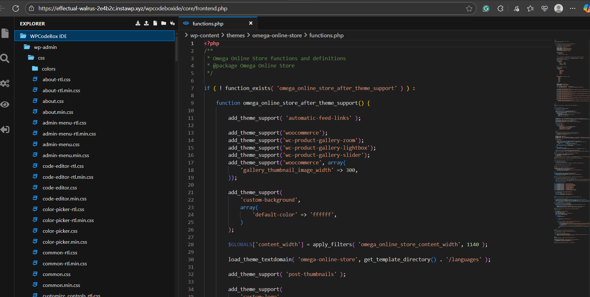 Built-In Online Code Editors: We have opened our test site’s function.pho file in InstaWP’s browser-based code editor