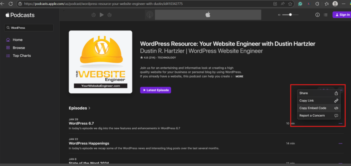 Step-by-Step: Embed Apple Podcasts Without a Plugin, screenshot from the guide How to Embed Apple Podcasts in WordPress (step 1 of 3)