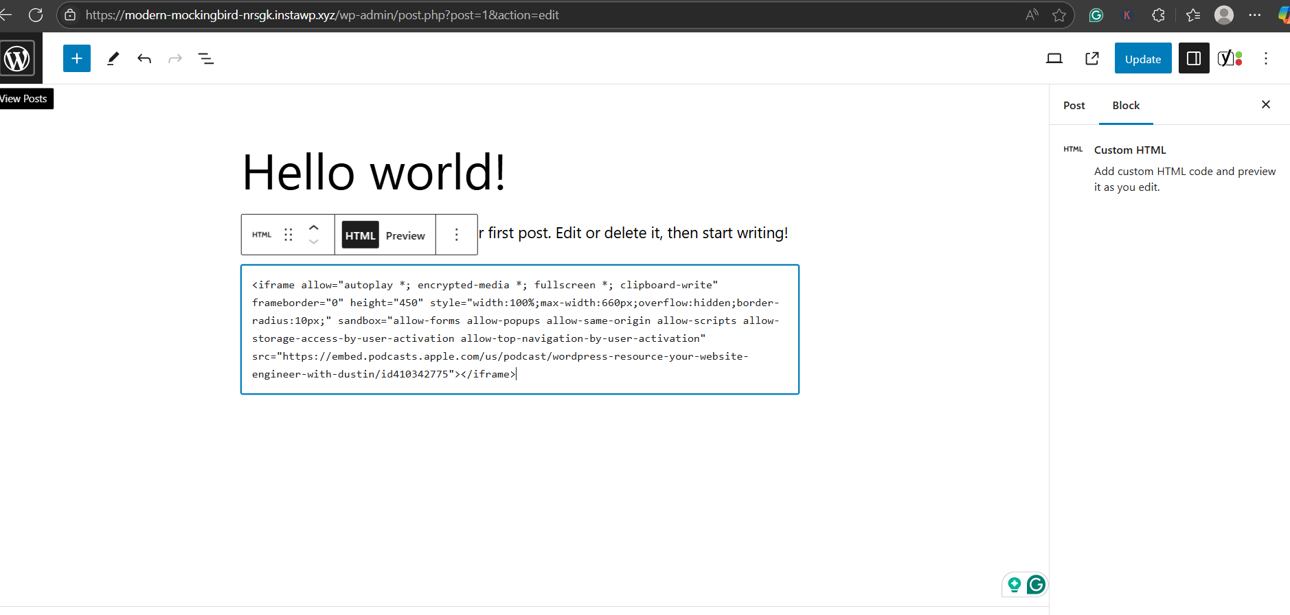 Step-by-Step: Embed Apple Podcasts Without a Plugin, screenshot from the guide How to Embed Apple Podcasts in WordPress (step 2 of 3)