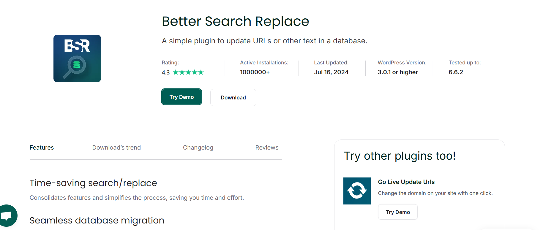 Better Search Replace plugin home page on InstaWP.