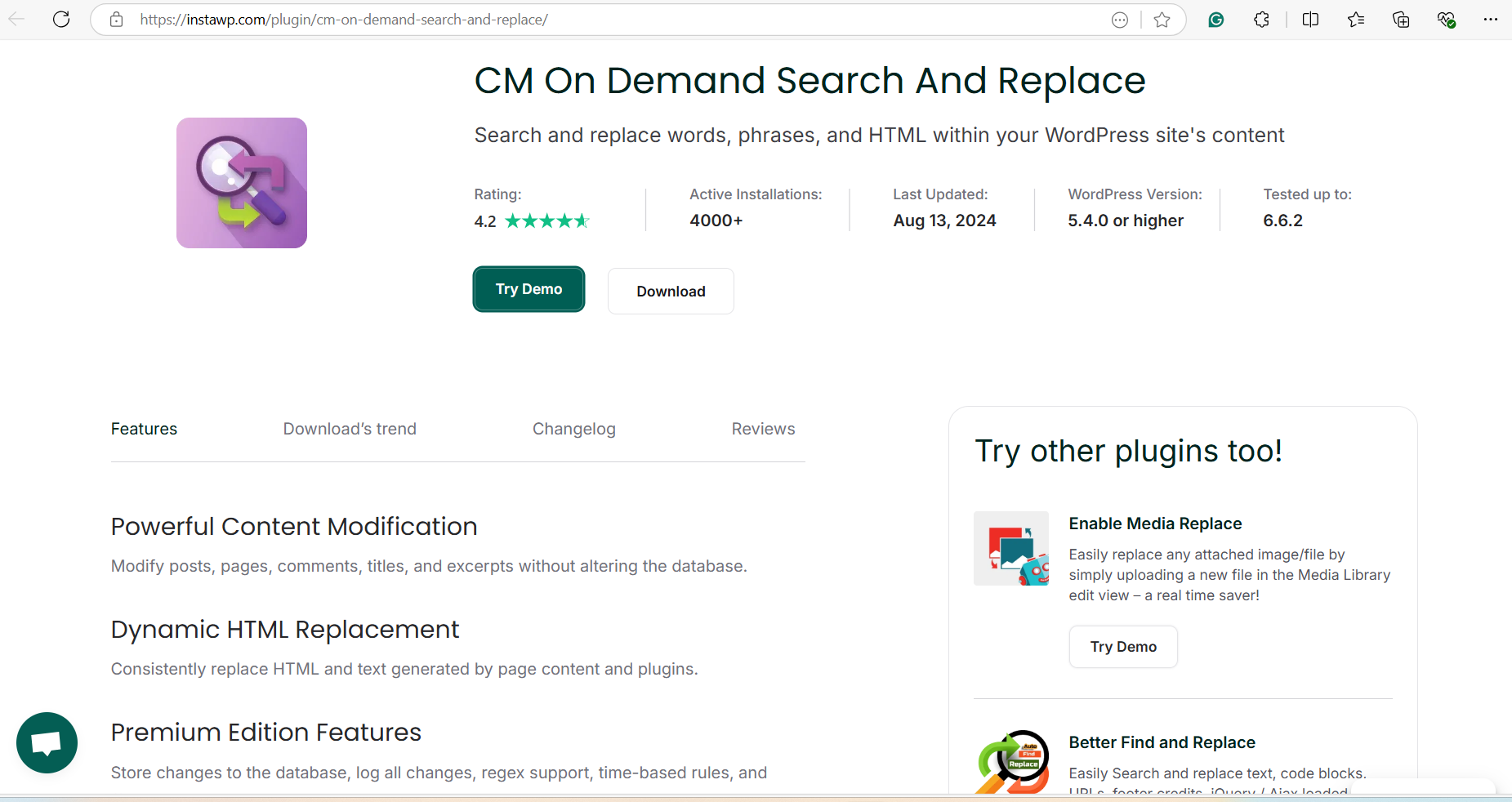 CM on Demand Search and Replace plugin home page on InstaWP