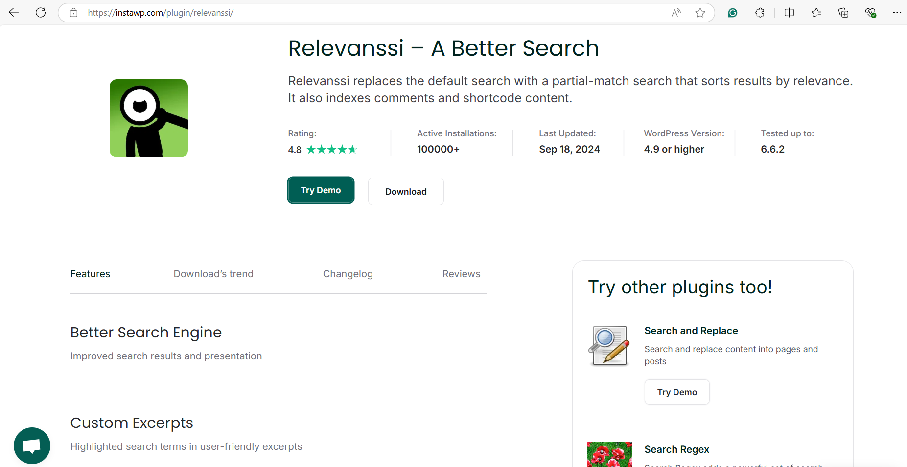 Relevanssi plugin home page on InstaWP
