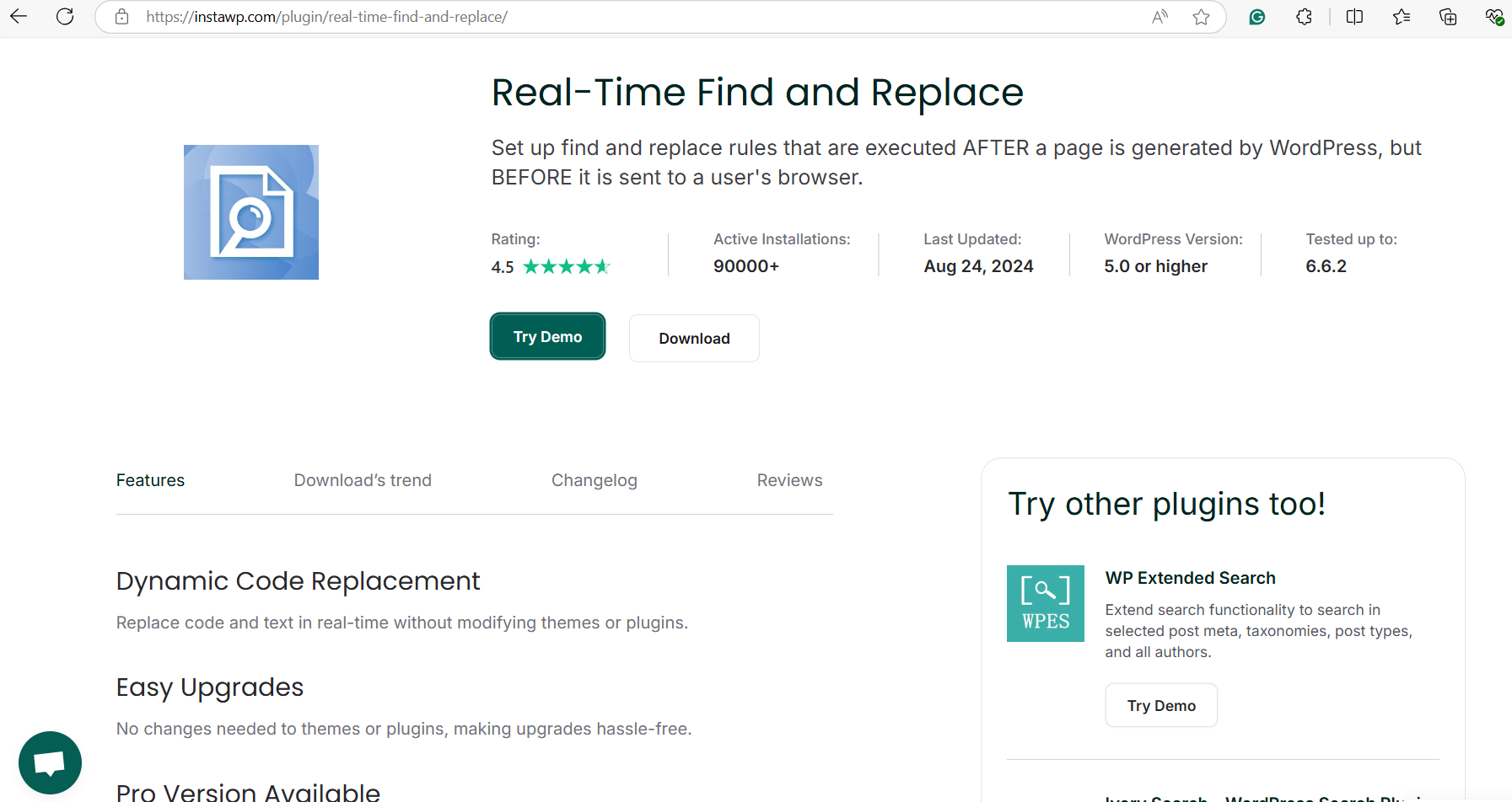 Real-time Fine and Replace plugin home page on InstaWP