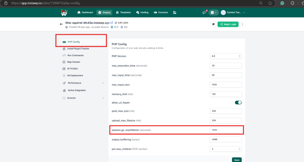Increase the WordPress session logout time on InstaWP Dashboard to fix the "WordPress Keeps Logging Me Out" error.