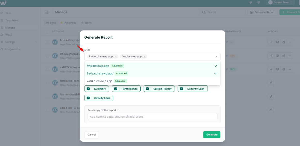 How to Generate a Weekly WordPress Maintenance Report, Step 2: Select the Site(s) You Want to Report On: Select the Data Points You Want to Include InstaWP lets you choose exactly what to include in your report: