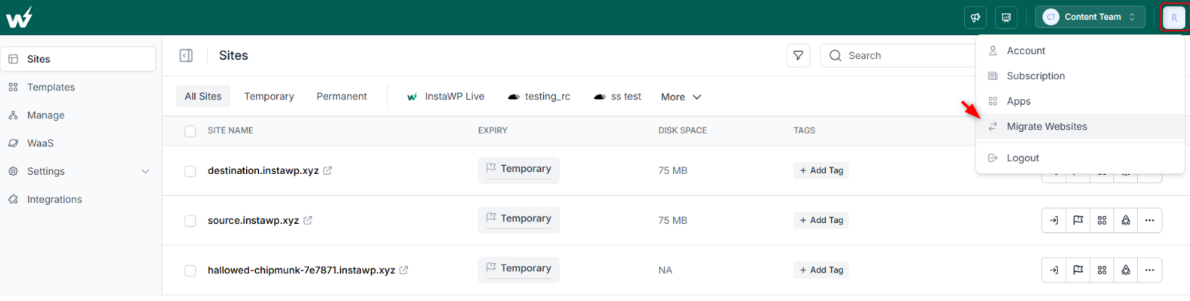 Select Migrate Websites on InstaWP Dashboard 