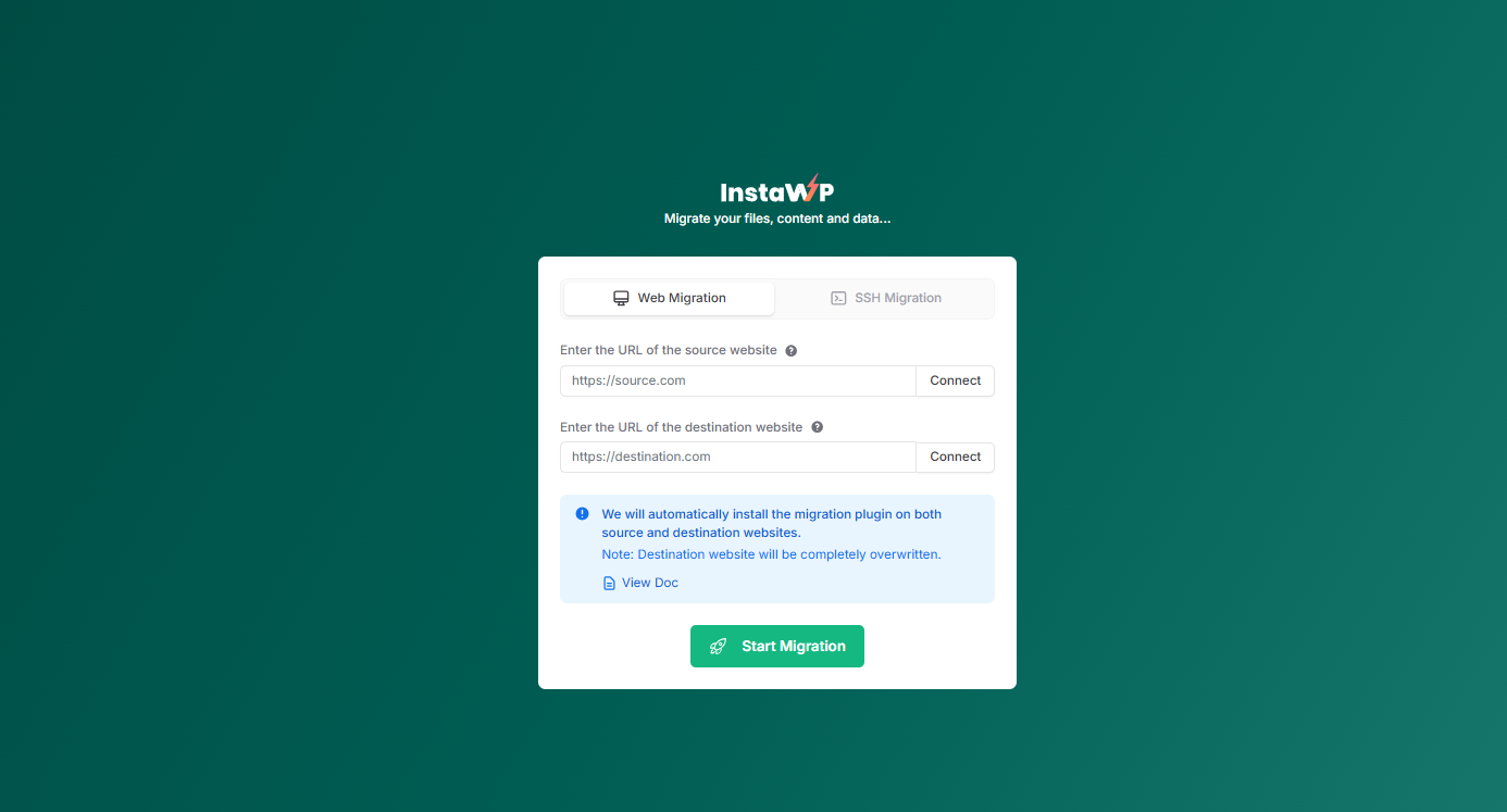 Choose SSH migration tab on InstaWP 