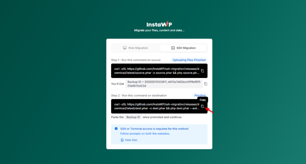 Run the SSH migration command on the destination site. 