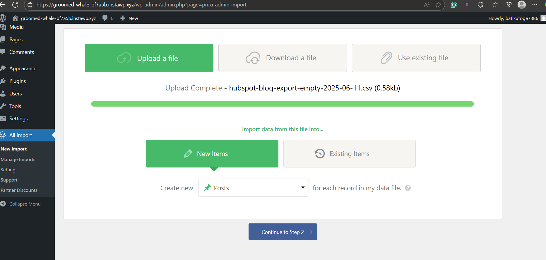 Upload your file to migrate HubSpot from WordPress 