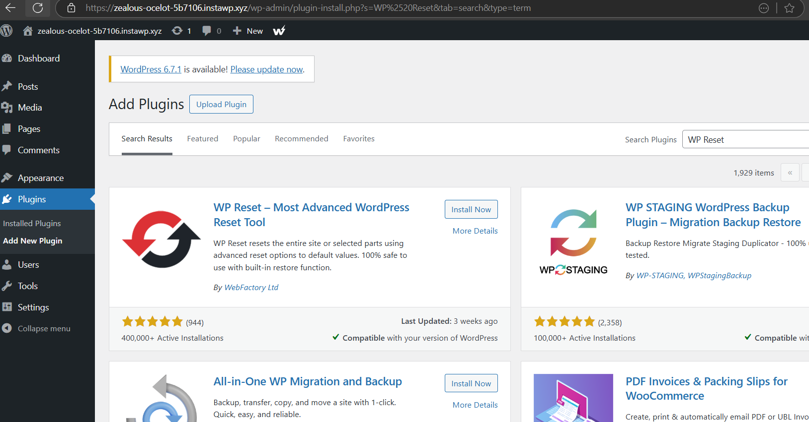Installing WordPress reset plugin on WordPress site, built using InstaWP