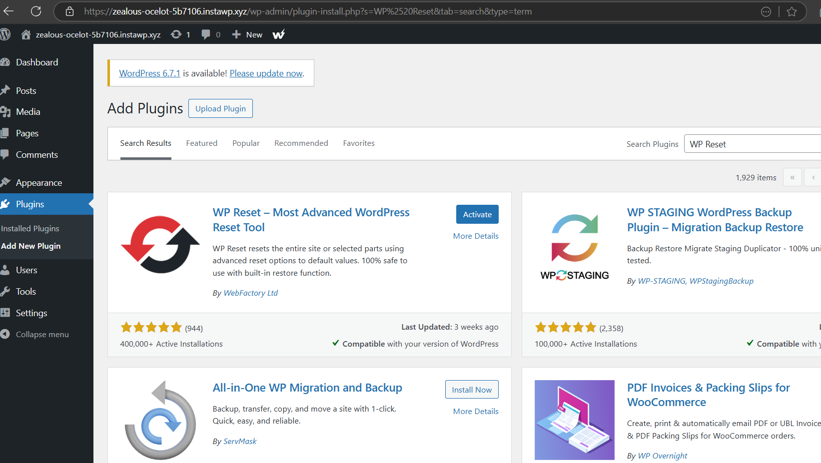 Activating WordPress reset plugin on WordPress site, built using InstaWP