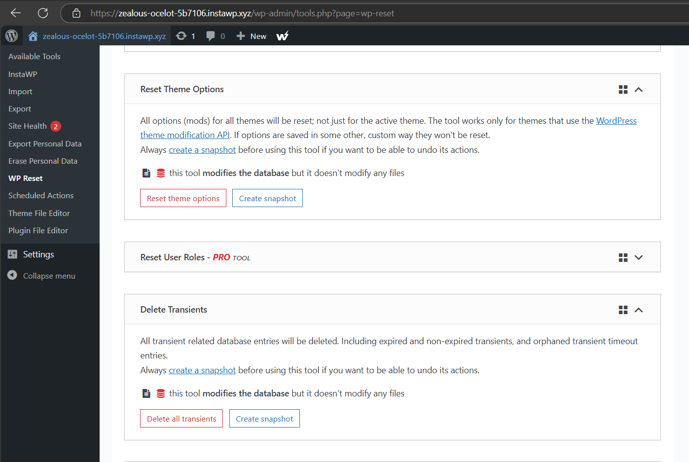 Changing the settings of WordPress reset plugin on WordPress site, built using InstaWP .