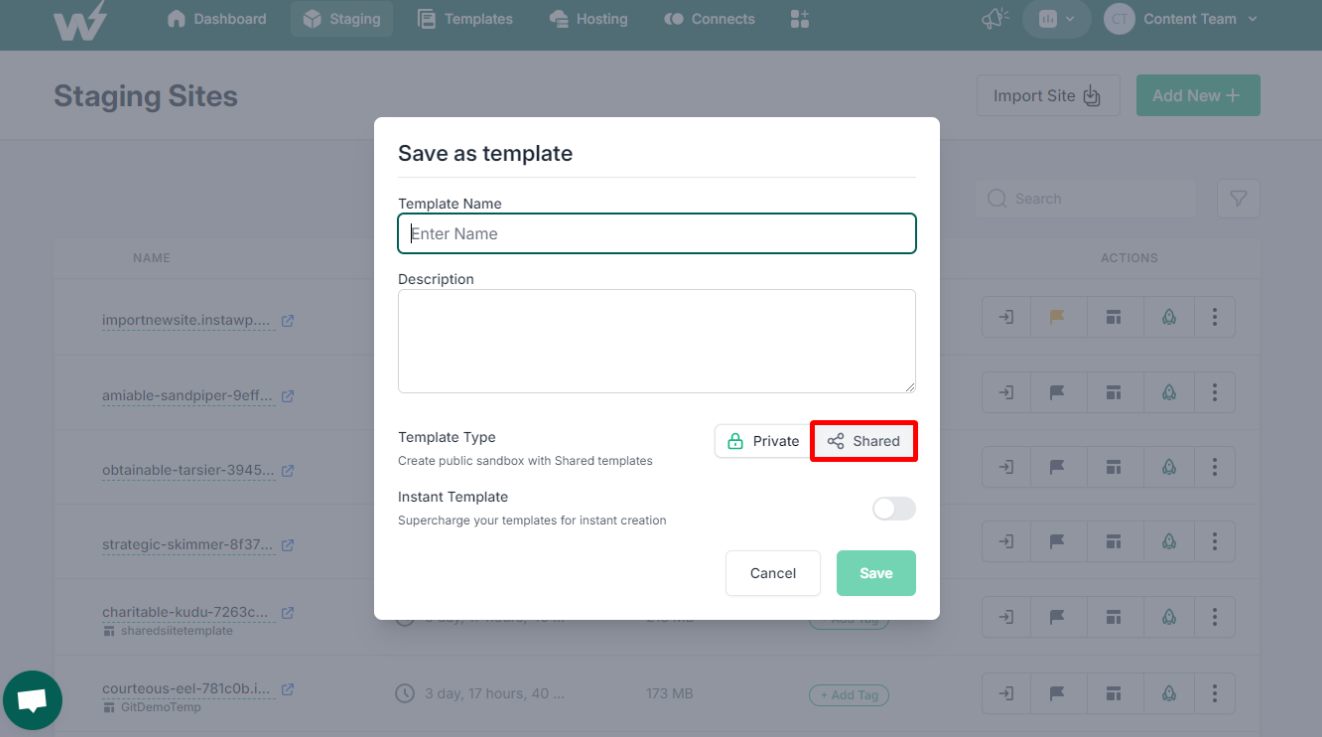 Start settling a WordPress site using the templates of shared InstaWP