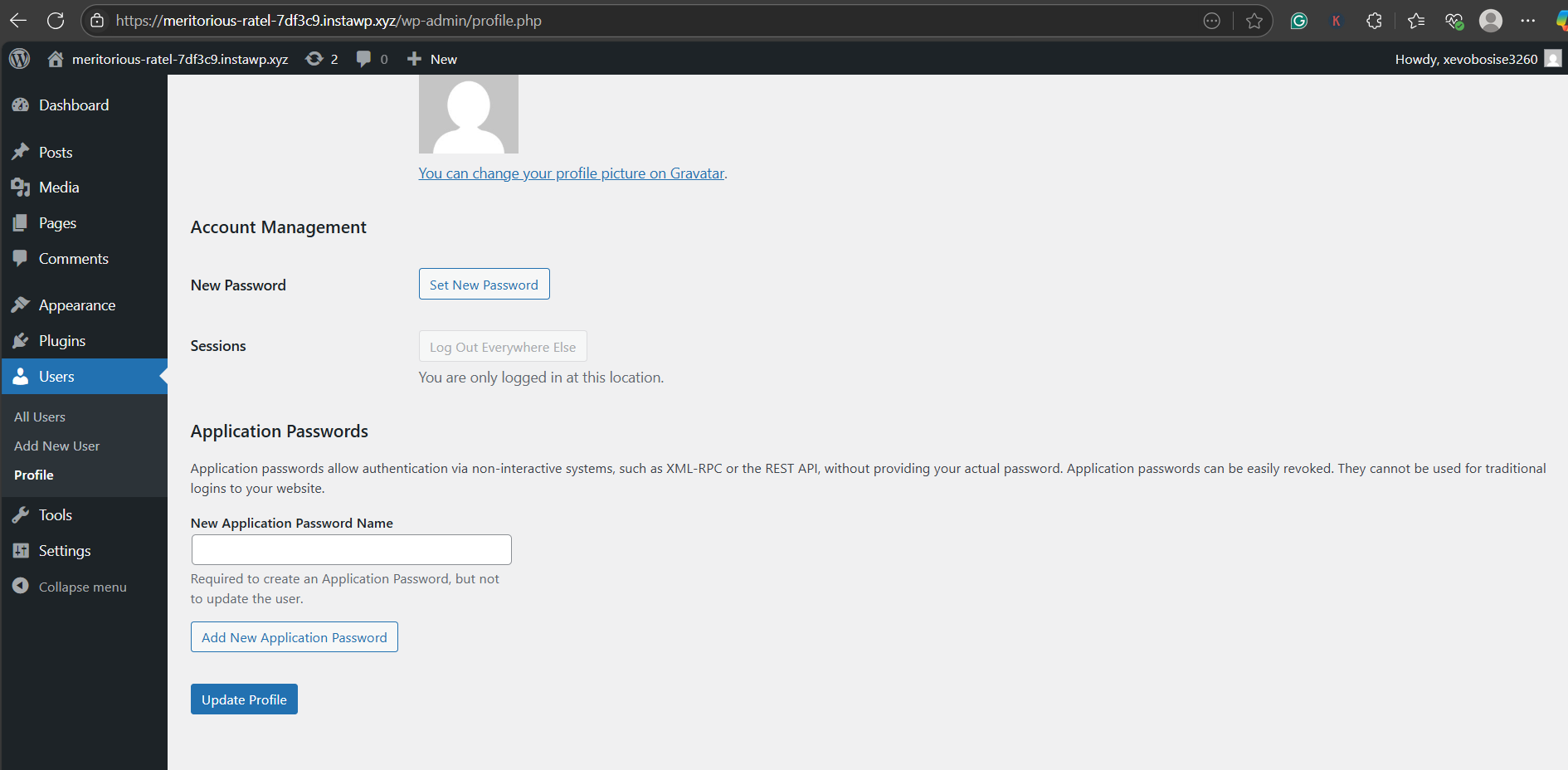 Scroll down to the Application Passwords section to add WordPress MCP server 
