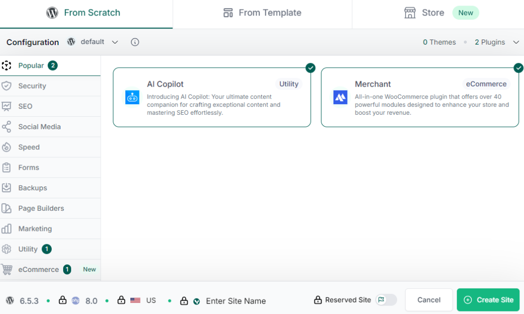 Step-by-Step Setup Guide for Popular WordPress Security Plugins: Create a staging site from options like From Scratch, From Template, and Store