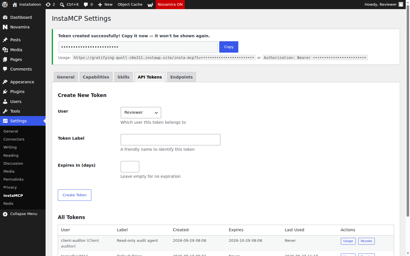 InstaMCP API Tokens tab with a token for a Subscriber user that expires in 30 days