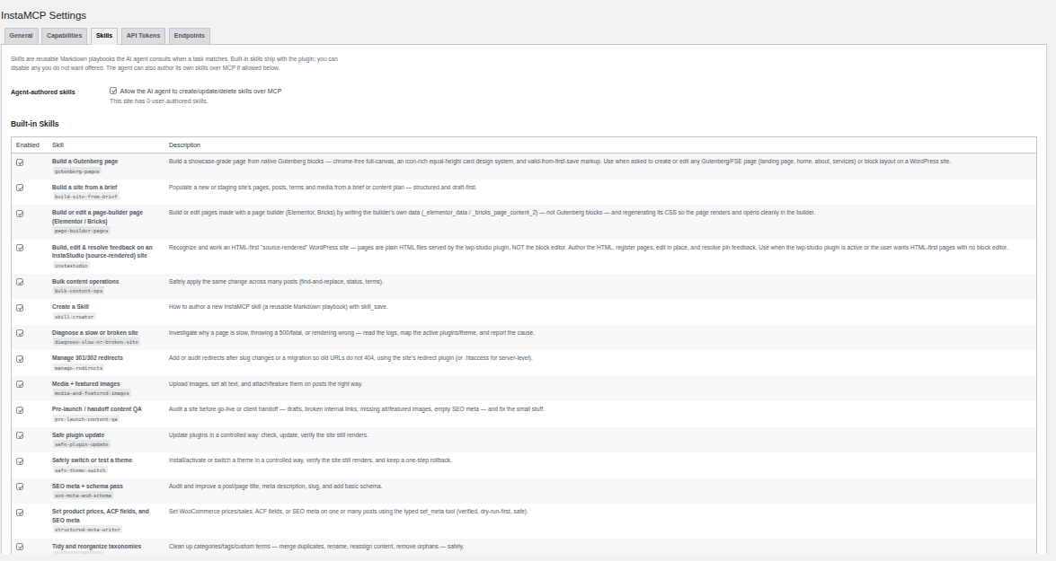 InstaMCP Skills tab listing built-in WordPress skills with enable checkboxes