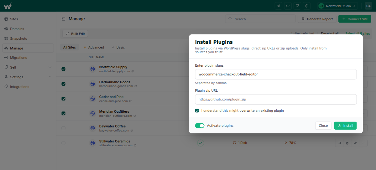 Installing a plugin across several connected WooCommerce stores at once from the InstaWP Manage list