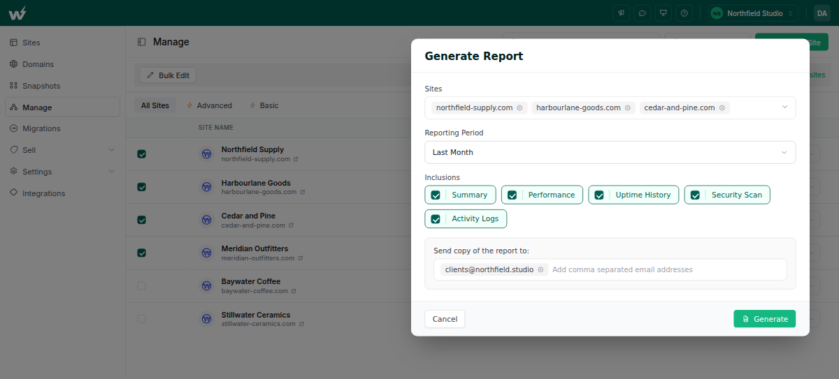 Generating a client-ready PDF maintenance report for selected sites in the InstaWP dashboard