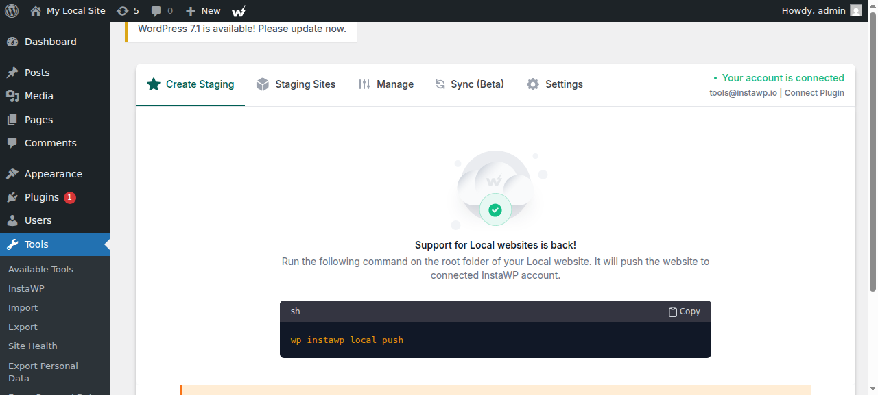 InstaWP Connect on a local WordPress site showing the wp instawp local push command