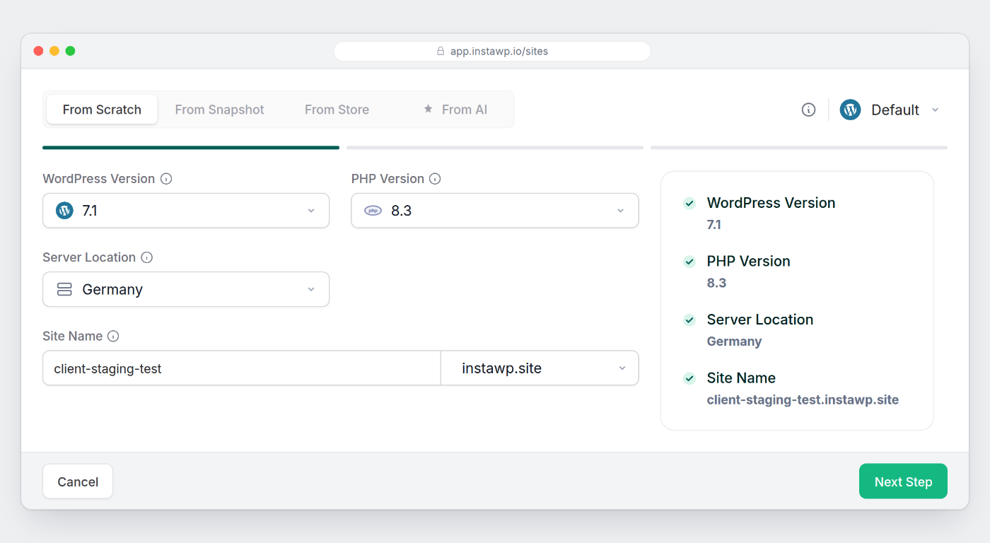 InstaWP site creation screen creating a throwaway sandbox named client-staging-test, with WordPress version, PHP version and server location selected