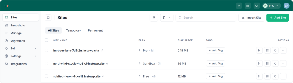 The InstaWP dashboard Sites list, where you pick the site to convert to a WordPress multisite network