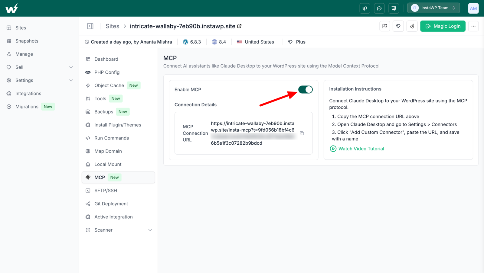 InstaWP MCP tab with the Enable MCP toggle switched on and the MCP connection URL