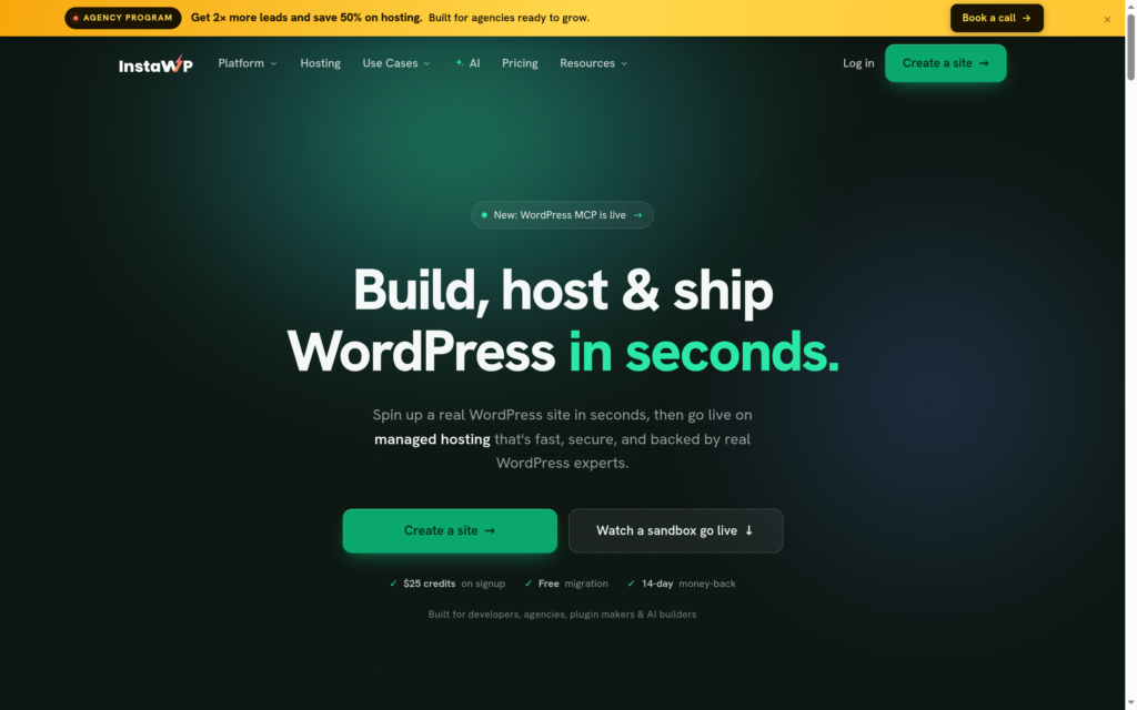 The InstaWP homepage - managed WordPress hosting for developers and agencies