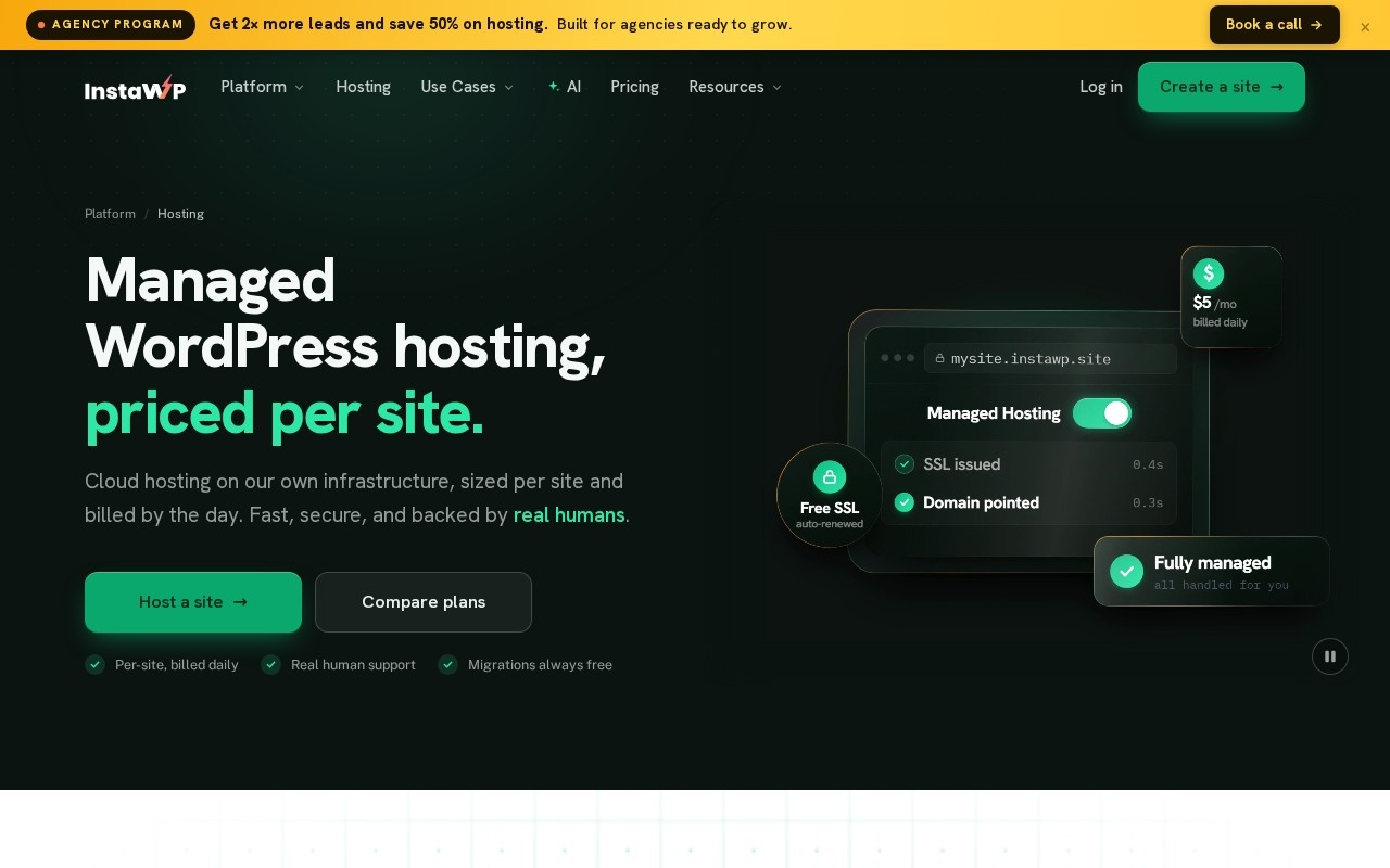 InstaWP managed WordPress and WooCommerce hosting page showing per-site pricing