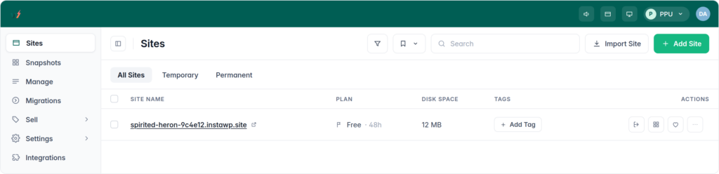 A brand new WordPress site ready in the InstaWP Sites list seconds after sign-up