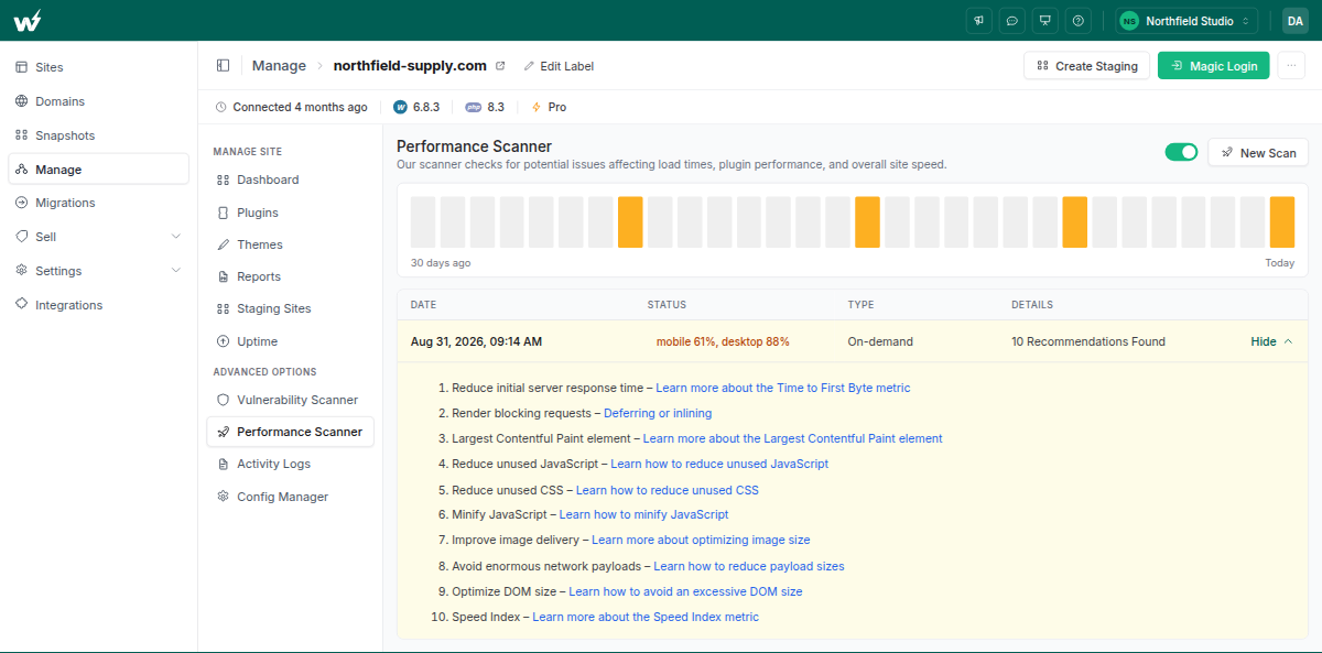 InstaWP Performance Scanner showing mobile and desktop scores with a recommendations list
