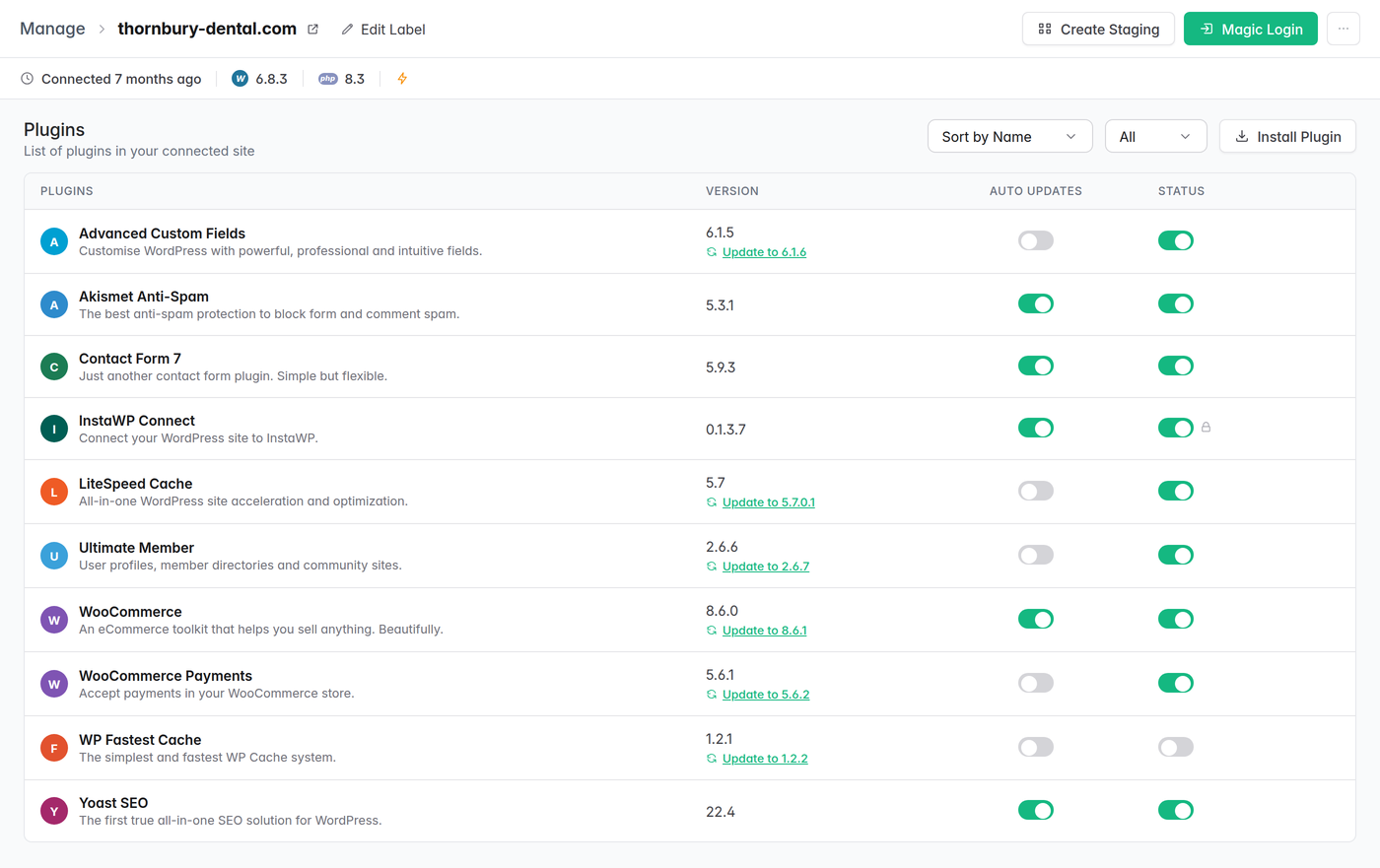 InstaWP plugins screen for a connected WordPress site listing each installed plugin with its version, the update available, auto-update setting and active status