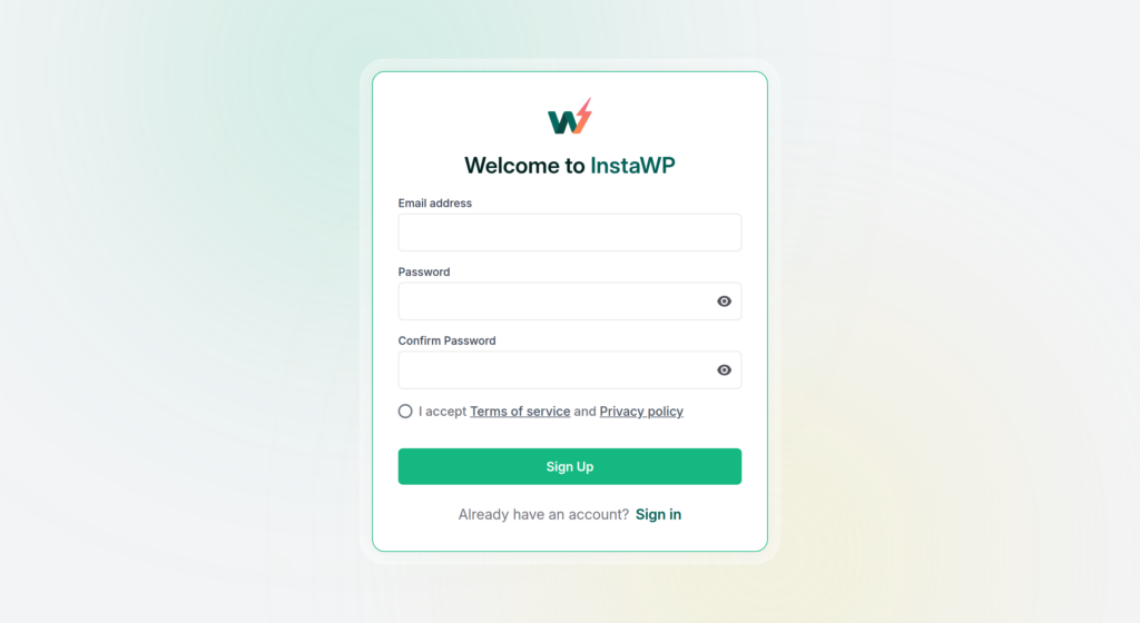 The InstaWP sign-up screen, where you create a free account before spinning up a test site