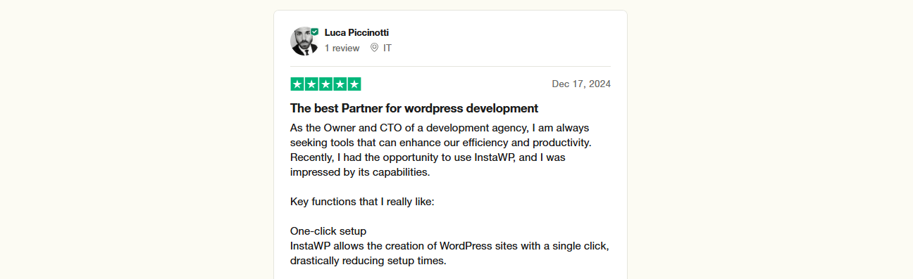 InstaWP Support team review: Fast, helpful, and always there when we hit a wall.”