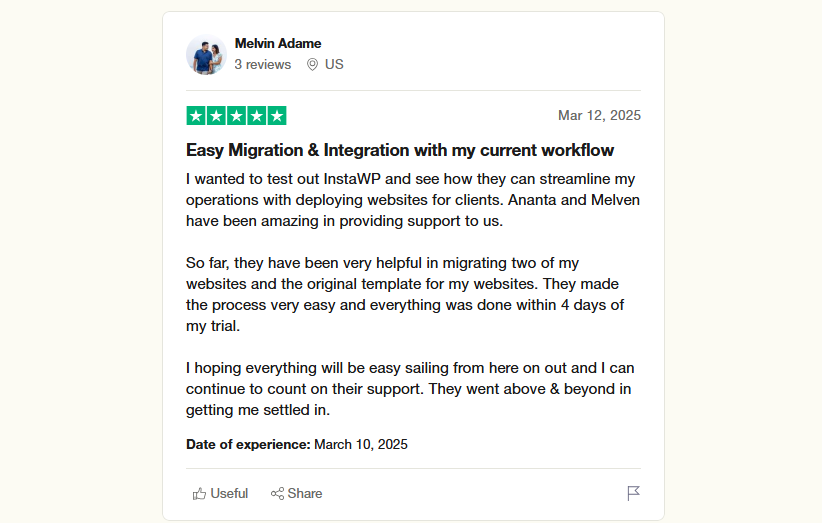 InstaWP Support team review (screenshot 6)