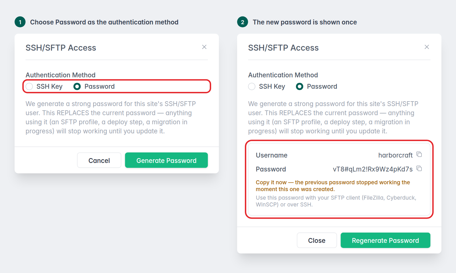 The SSH/SFTP Access modal with Password selected and a one-time generated password