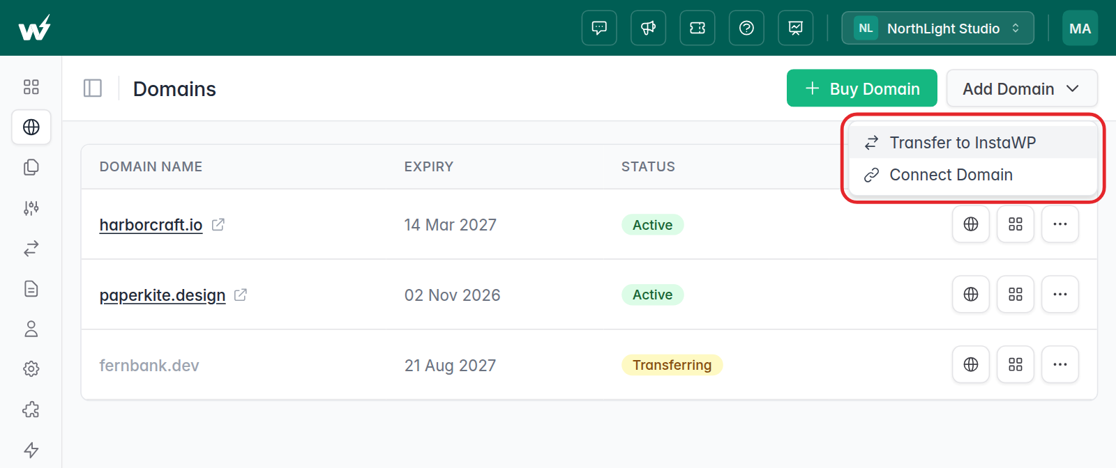 The Add Domain menu on the Domains page showing Transfer to InstaWP and Connect Domain