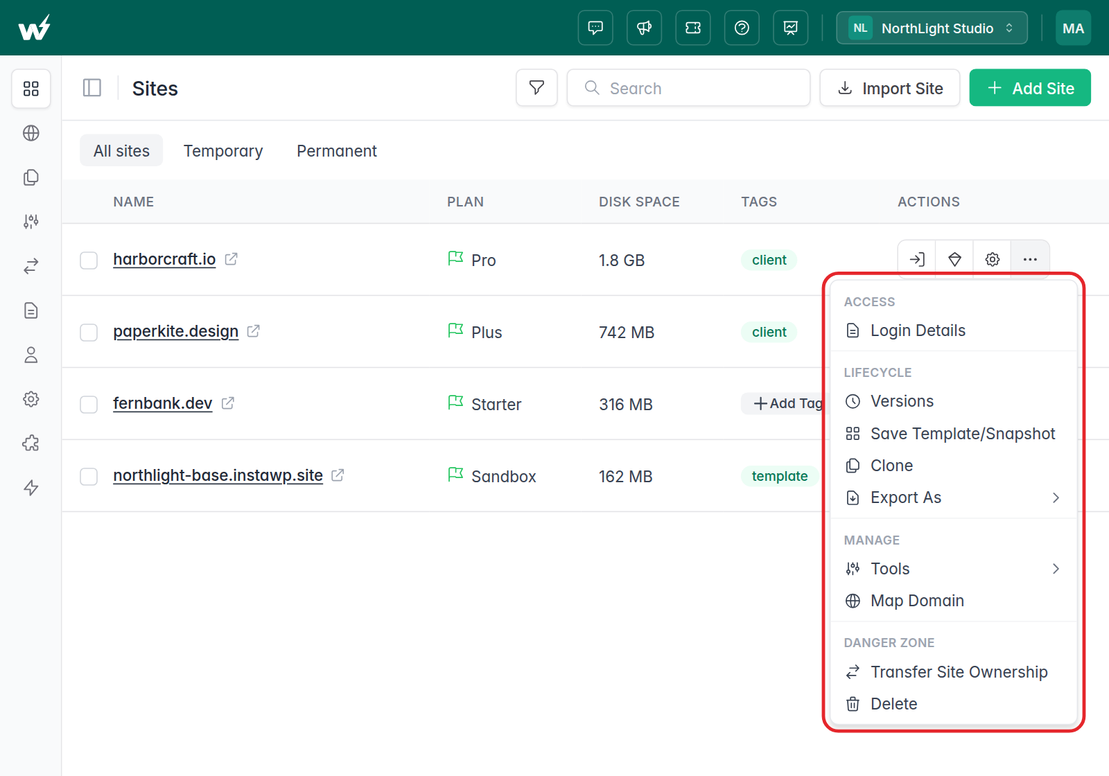 The site action menu grouped into Access, Lifecycle, Manage and Danger Zone