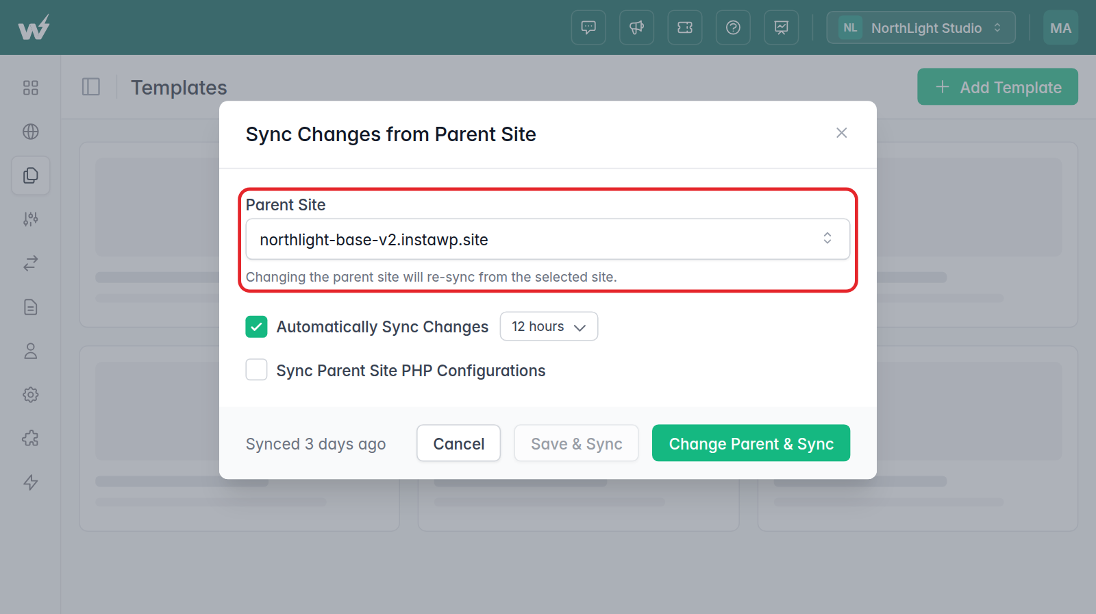 The Sync Changes from Parent Site modal with the new Parent Site dropdown