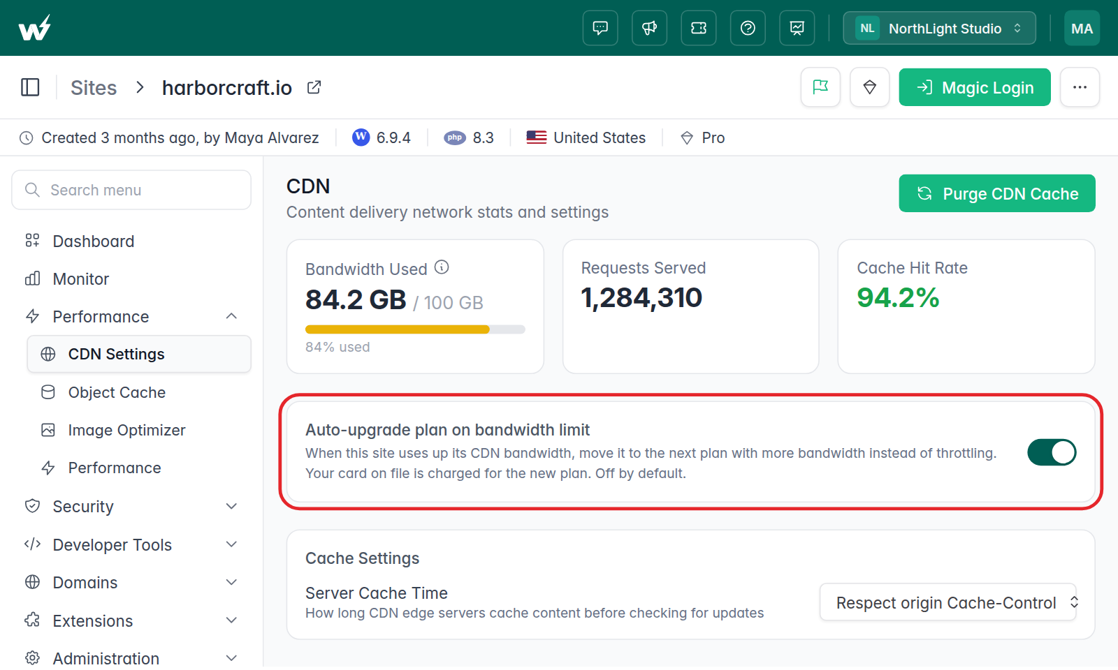 The CDN settings page with the auto-upgrade plan on bandwidth limit switch