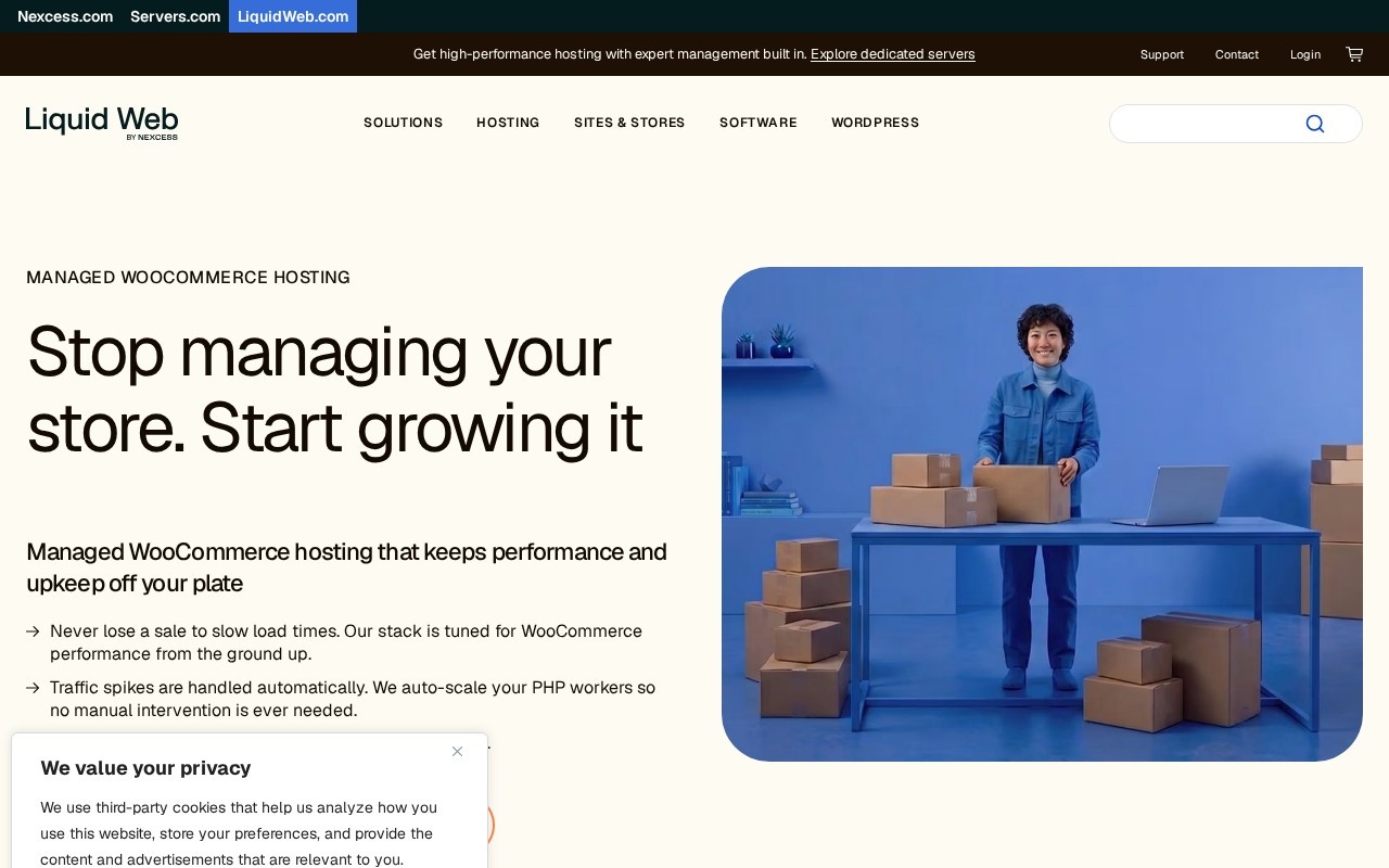 Liquid Web managed WooCommerce hosting page showing plan tiers