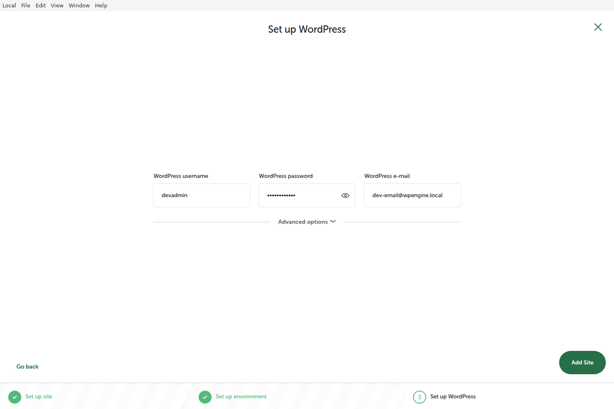 The LocalWP Set up WordPress screen with the WordPress username, password and e-mail fields filled in, and the Add Site button at the bottom right