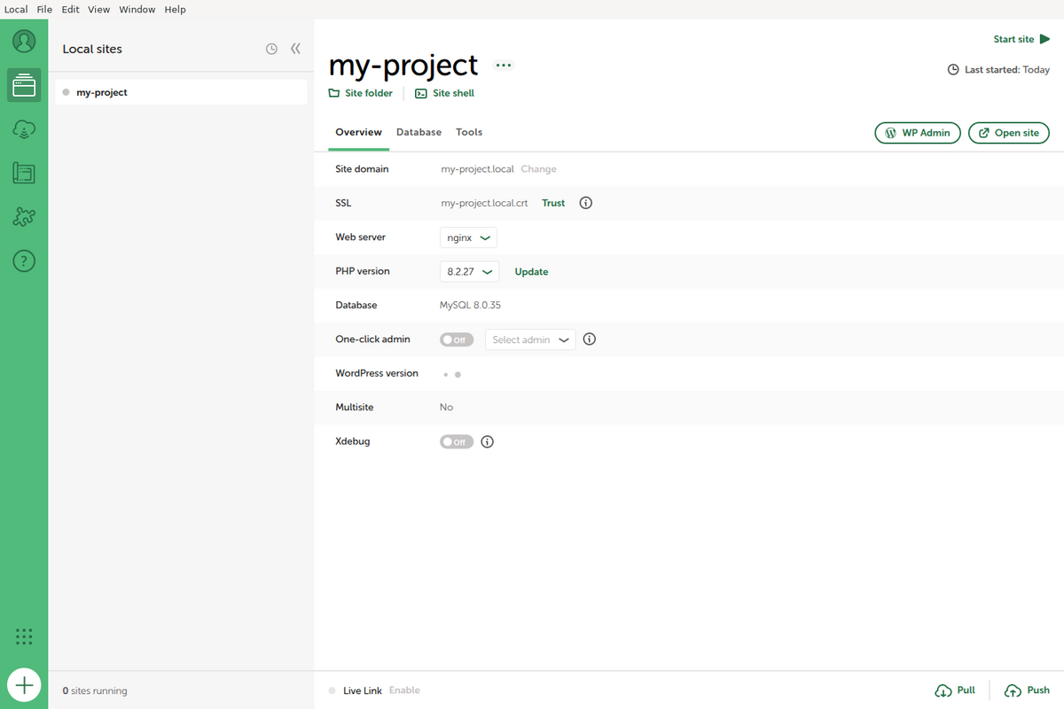 The LocalWP dashboard for a site called my-project, showing the WP Admin and Open site buttons at the top right and the site domain my-project.local