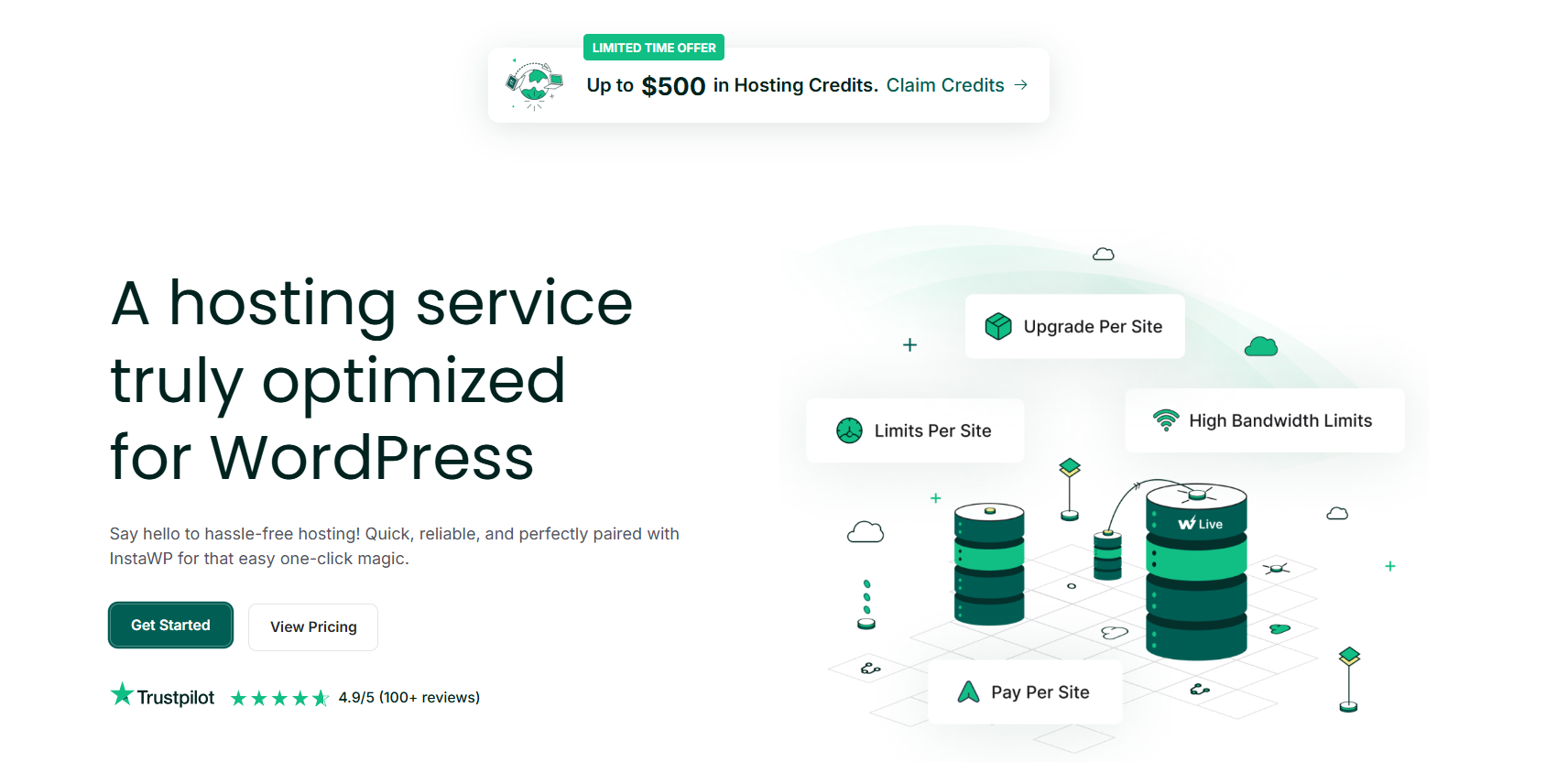 Screenshot of InstaWP hosting homepage- the best managed WordPress hosting plans for agencies 