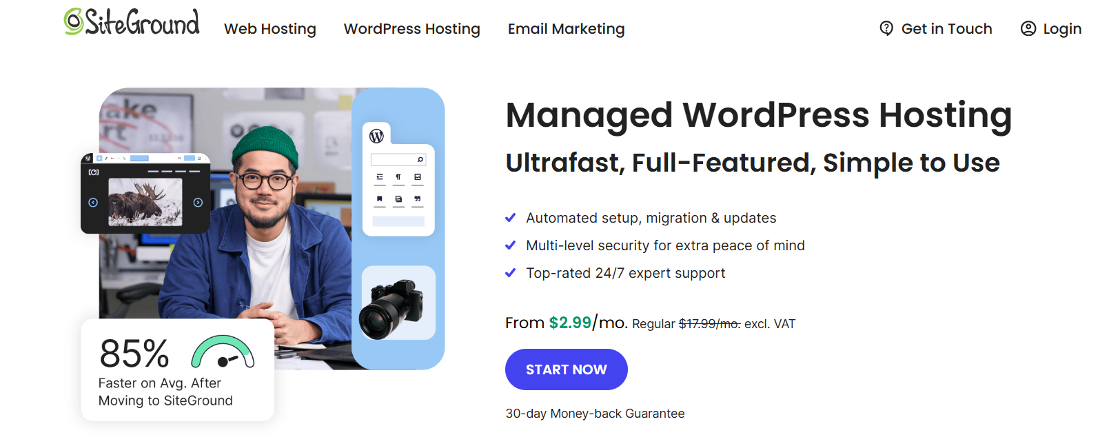 Screenshot of SiteGround homepage- affordable managed WordPress hosting plans for agencies 