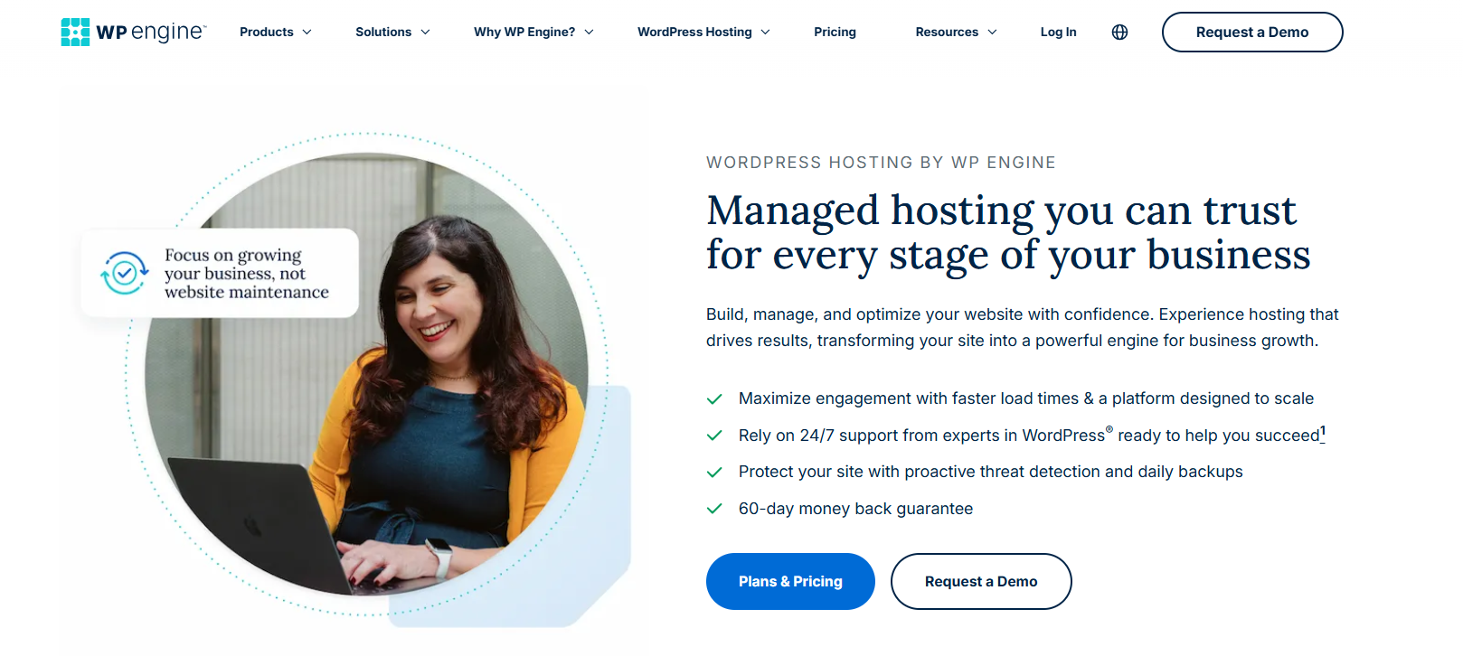 Screenshot of WP Engine homepage- affordable managed WordPress hosting plans for agencies 