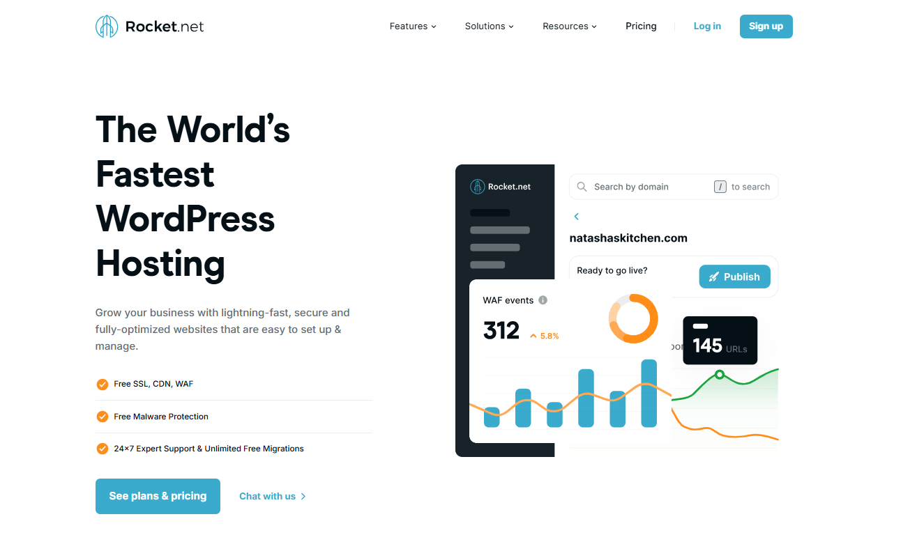 Screenshot of Rocket.Net homepage- affordable managed WordPress hosting plans for agencies 